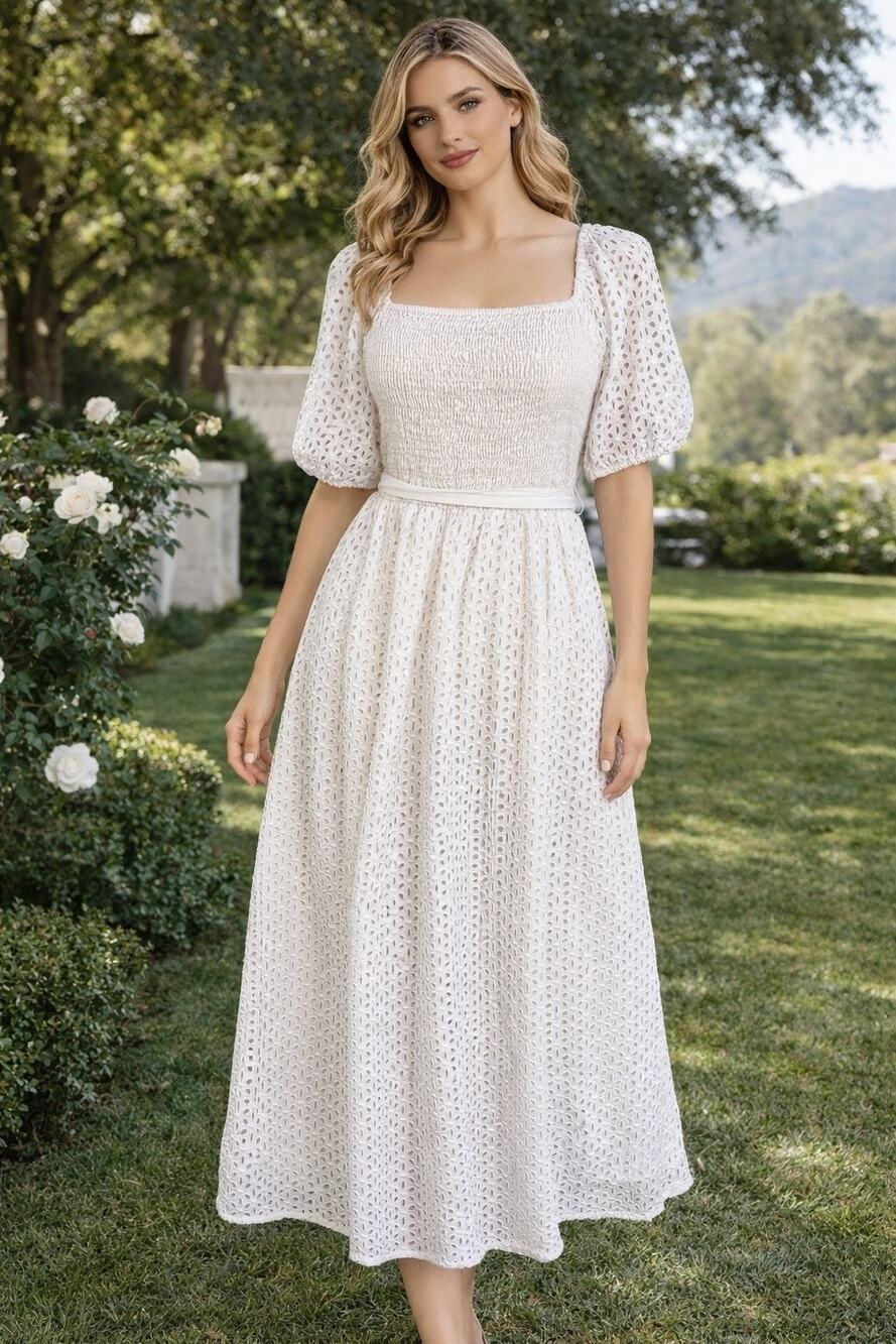 Kensie White Eyelet Midi Dress Smocked Feminine Romantic Puffy Sleeve Size 14